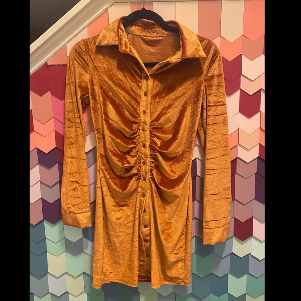 Orange Ruched Button Up Dress